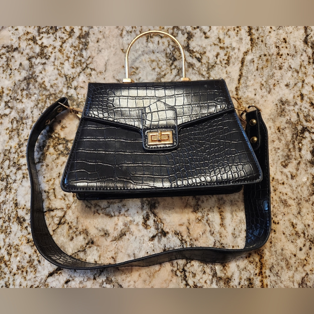 VIOLET & BROOKS Purse Black Croc, Satchel Shoulder Bag Clutch Wedding Guest EUC